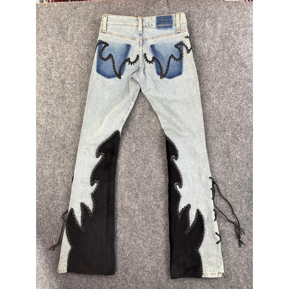 Michelle Julene Couture Upcycled Denim Jeans Leather Applique Western 26 - Picture 2 of 16